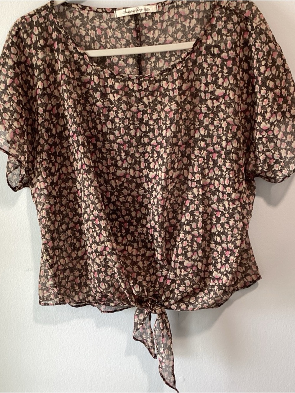 American Rag Pink and Brown Floral Tie-Front Sheer Blouse